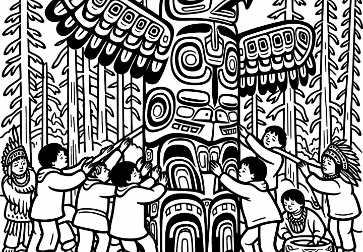 Totem pole - I bambini aiutano a montare - Disegno da colorare indiani - Gratis