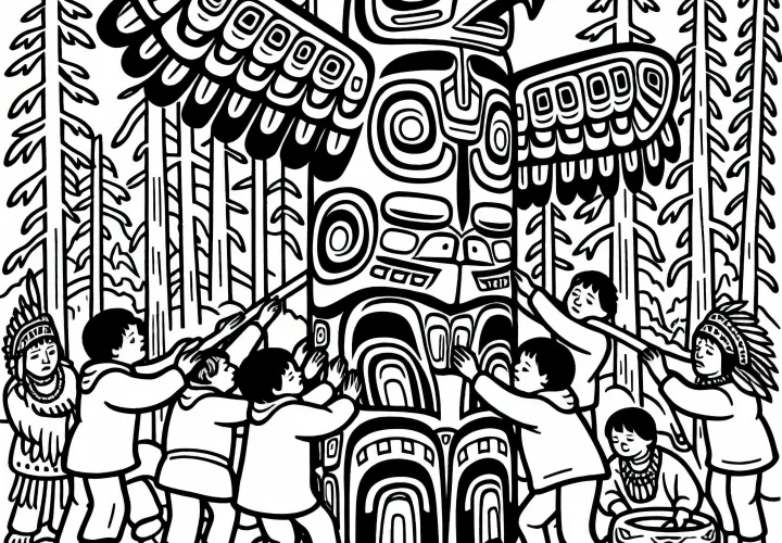 Тотемный столб – дети помогают в установке – раскраска индеец – бесплатно