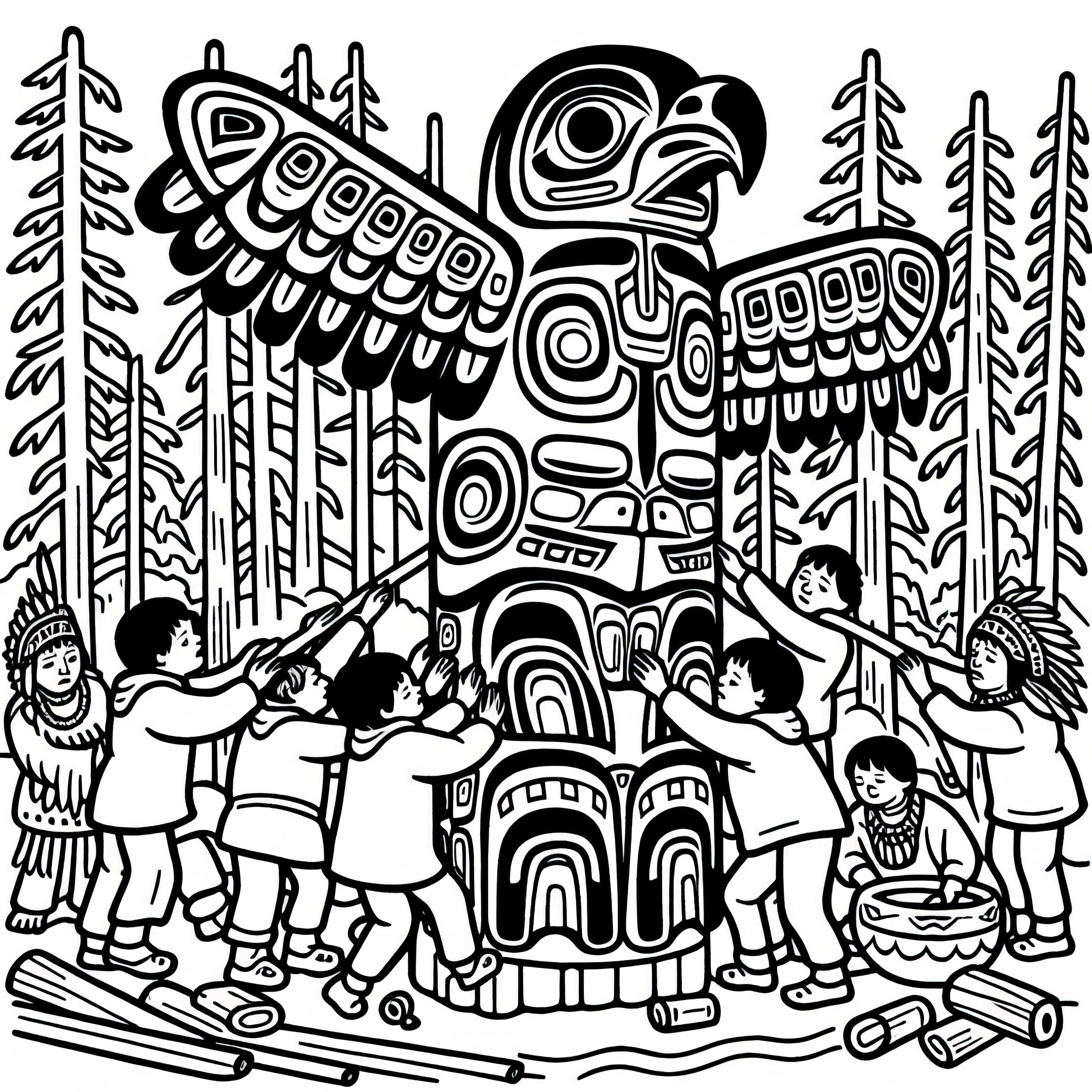 Totem pole - I bambini aiutano a montare - Disegno da colorare indiano - Gratuito Totem – I bambini aiutano a erigerlo – Disegno da colorare indiani – Gratis