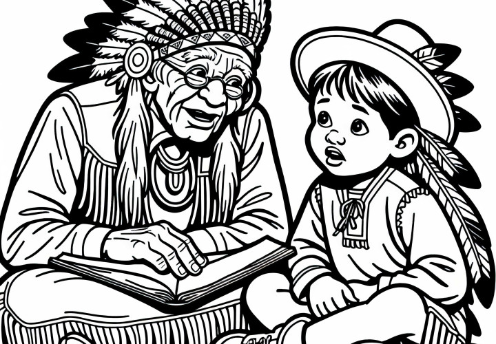 Il bambino ascolta attentamente la storia che un anziano indigeno racconta – Disegno da colorare indiano gratuito
