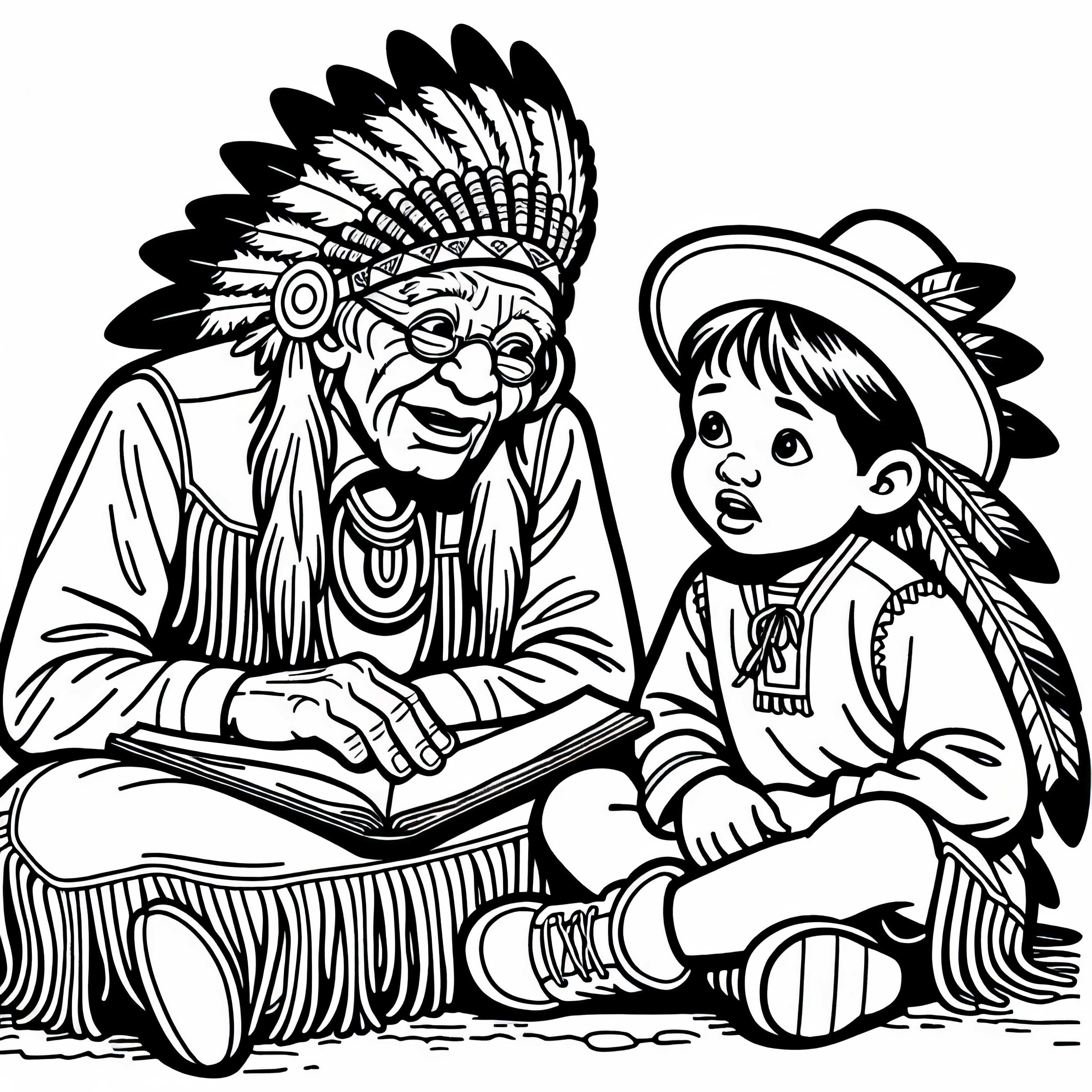 Il bambino ascolta con attenzione la storia che racconta un anziano nativo &ndash; Disegno da colorare indiano gratuito