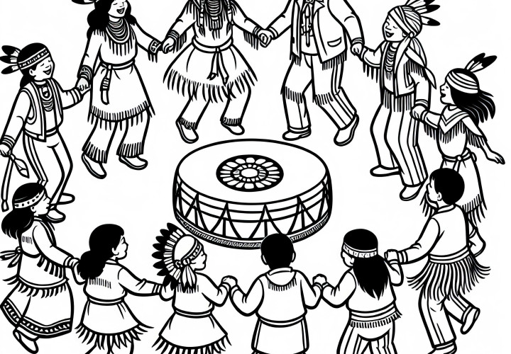 Bambini danzano in cerchio al ritmo di tamburi - Disegno da colorare indiani gratis