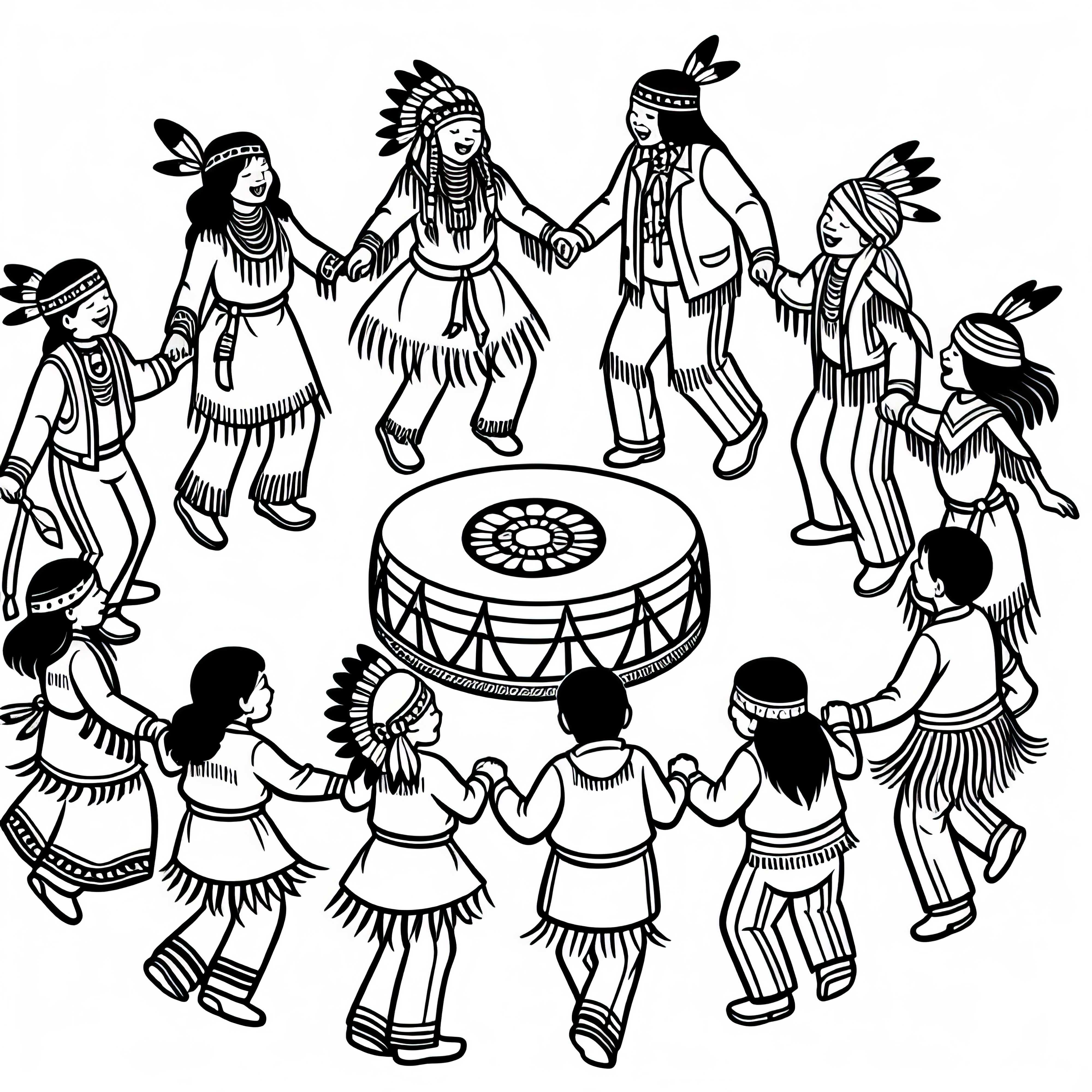 Bambini danzano in cerchio su musica di tamburi - Disegno da colorare indiani gratuito I bambini danzano in cerchio con la musica dei tamburi - Disegno da colorare gratuito di indiani