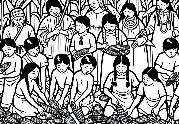 I bambini raccolgono pannocchie nel campo – Disegno da colorare per indiani gratuito