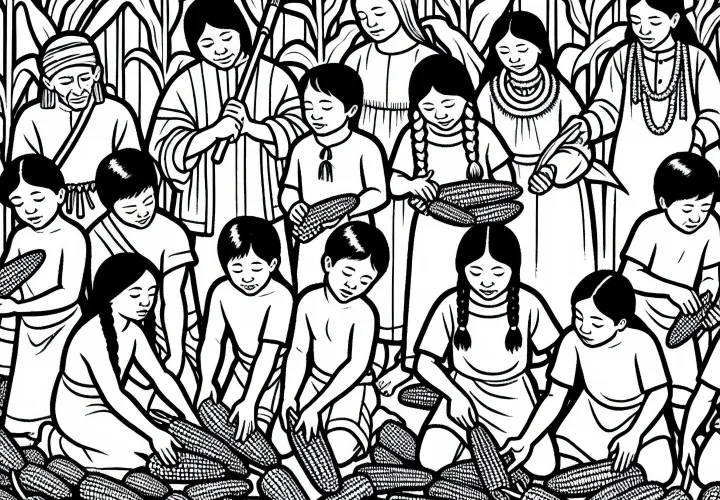 Дети собирают початки кукурузы на поле – Раскраска индейцев бесплатно