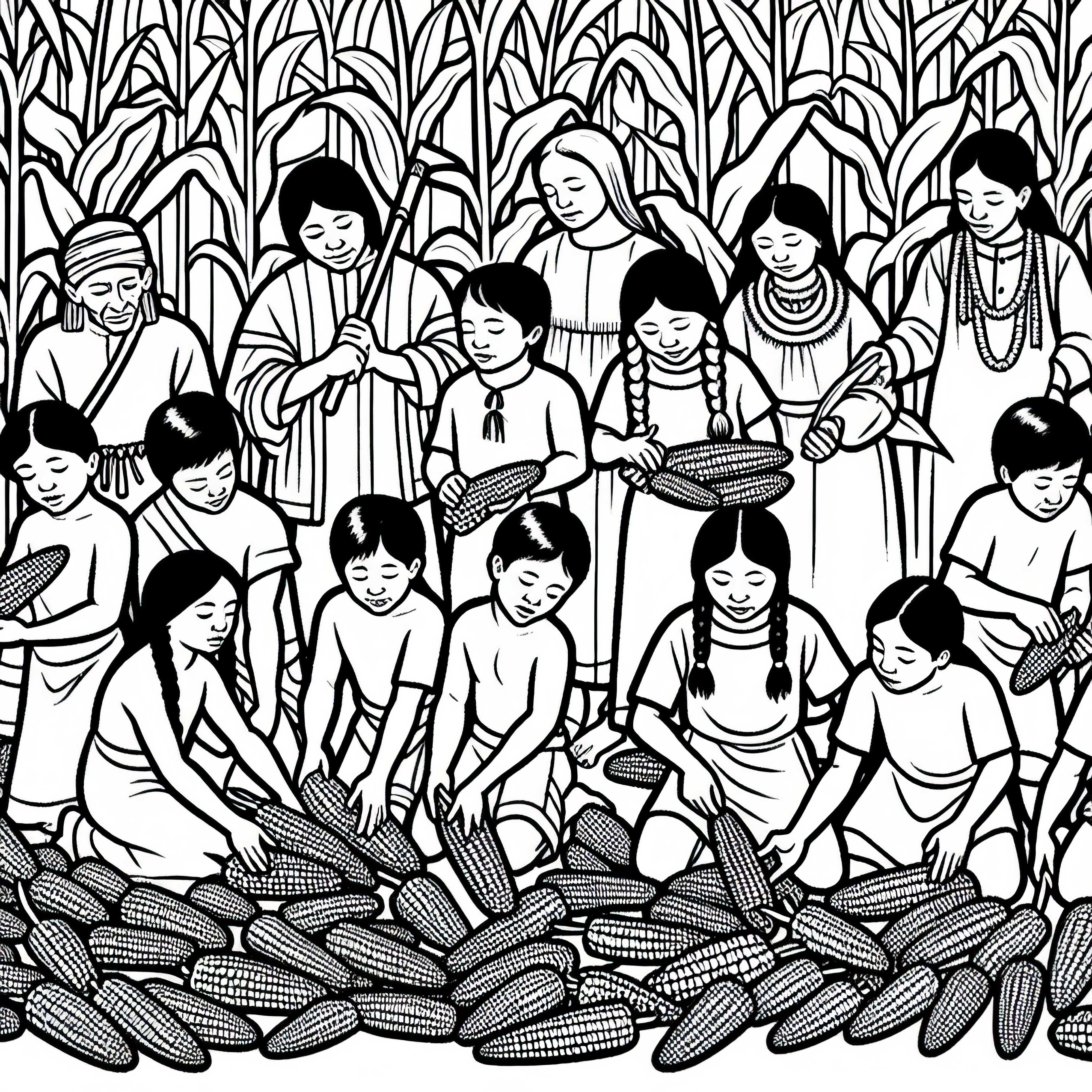 I bambini raccolgono pannocchie nel campo - Disegno da colorare di indiani gratis I bambini raccolgono pannocchie nel campo - Disegno da colorare indiani gratuito