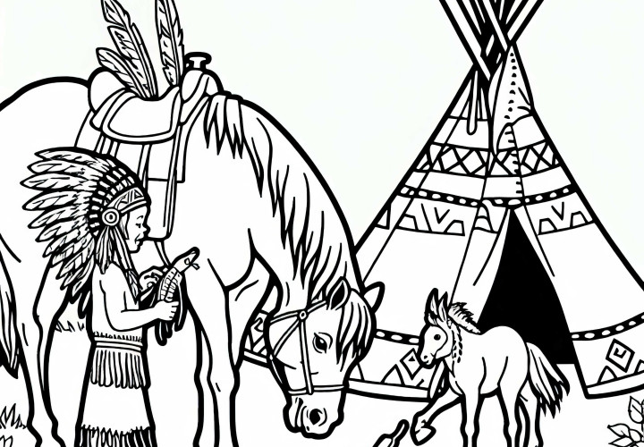 Bambino nutre il cavallo davanti al Tipi – Disegno da colorare indiano gratuito