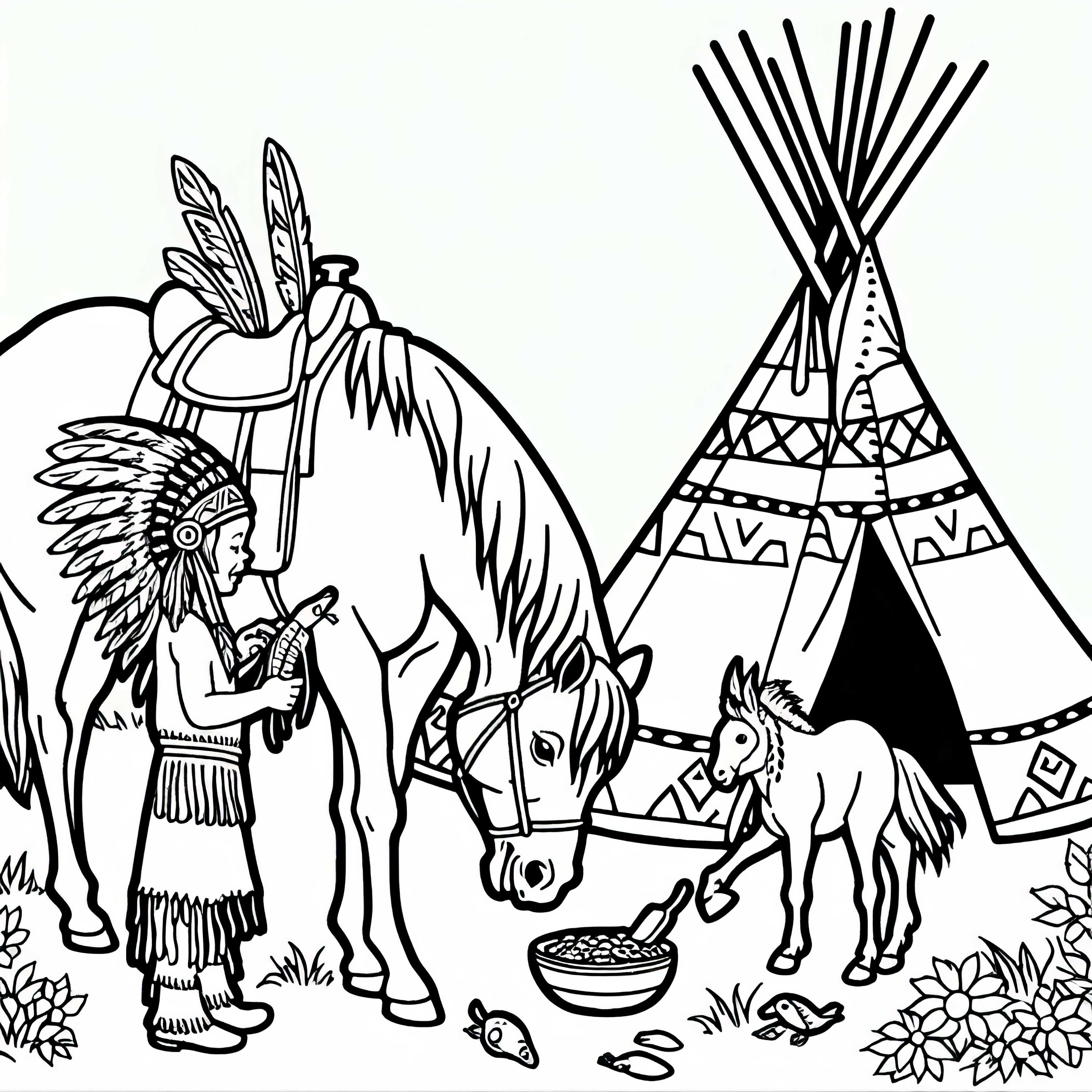 Bambino nutre il cavallo davanti al Tipi – Disegno da colorare indiano gratis Bambino nutre il cavallo davanti al Tipi – Disegno da colorare indiani gratis