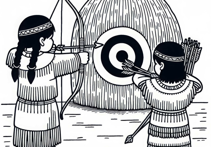 Due bambini praticano il tiro con l'arco su un bersaglio di paglia - Disegno da colorare di indiani gratis