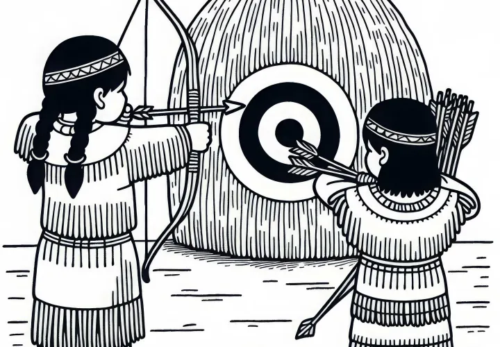 Два ребенка тренируются в стрельбе из лука по мишени из соломы – раскраска индейцев бесплатно