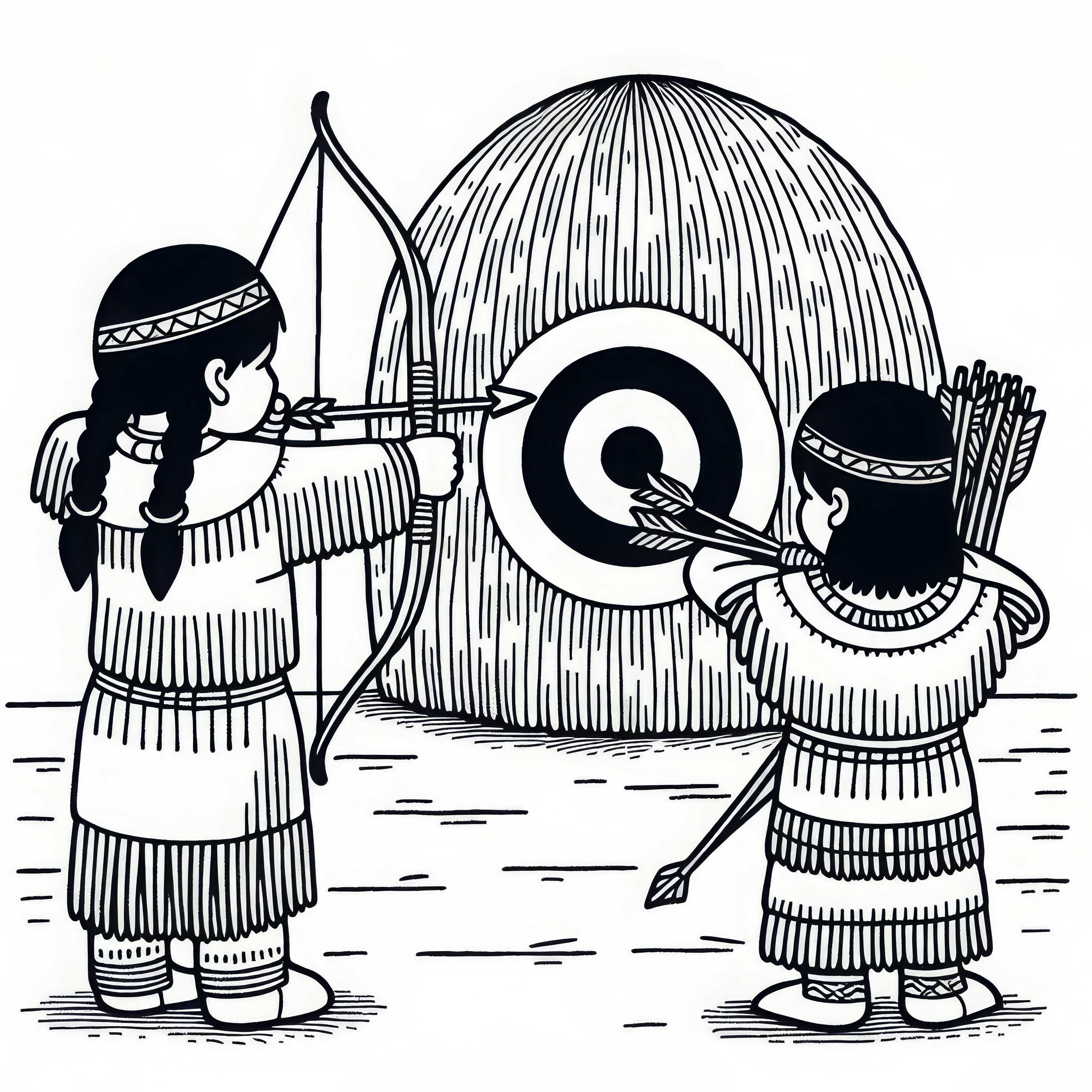 Due bambini praticano il tiro con l'arco su un bersaglio di paglia - Disegno da colorare gratuito indiani Due bambini praticano il tiro con l'arco su un bersaglio di paglia - Disegno da colorare indiani gratis