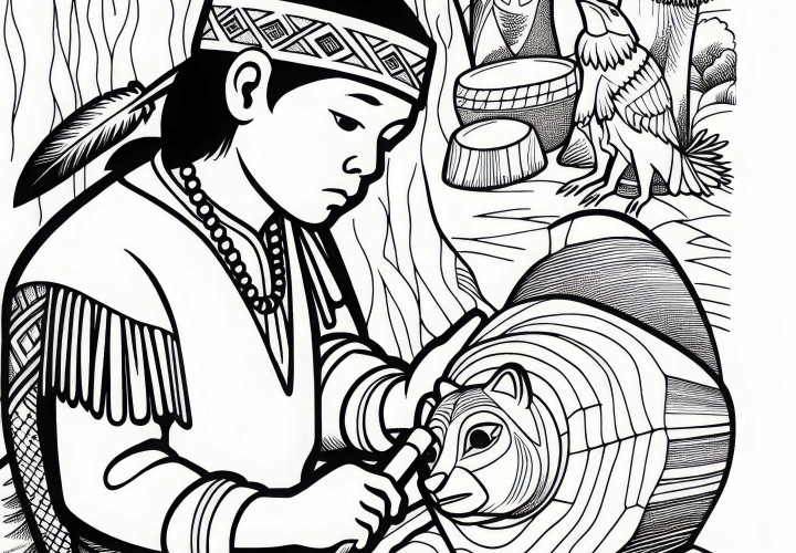 Ragazzo intaglia un animale di legno - Modello da colorare indiani gratuito