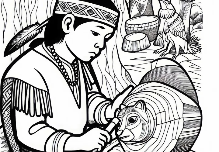 Мальчик вырезает животное из дерева – Бесплатный раскраска индейца