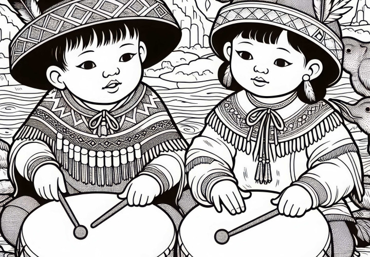 Due bambini suonano su piccoli tamburi di pelle animale - Disegno da colorare indiano gratis