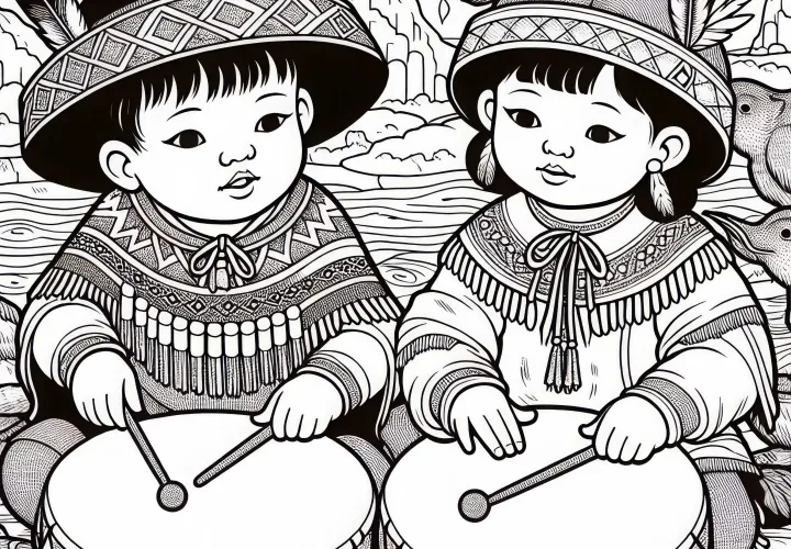 Два ребёнка барабанят на маленьких барабанах из шкуры животного - раскраска индейцев бесплатно