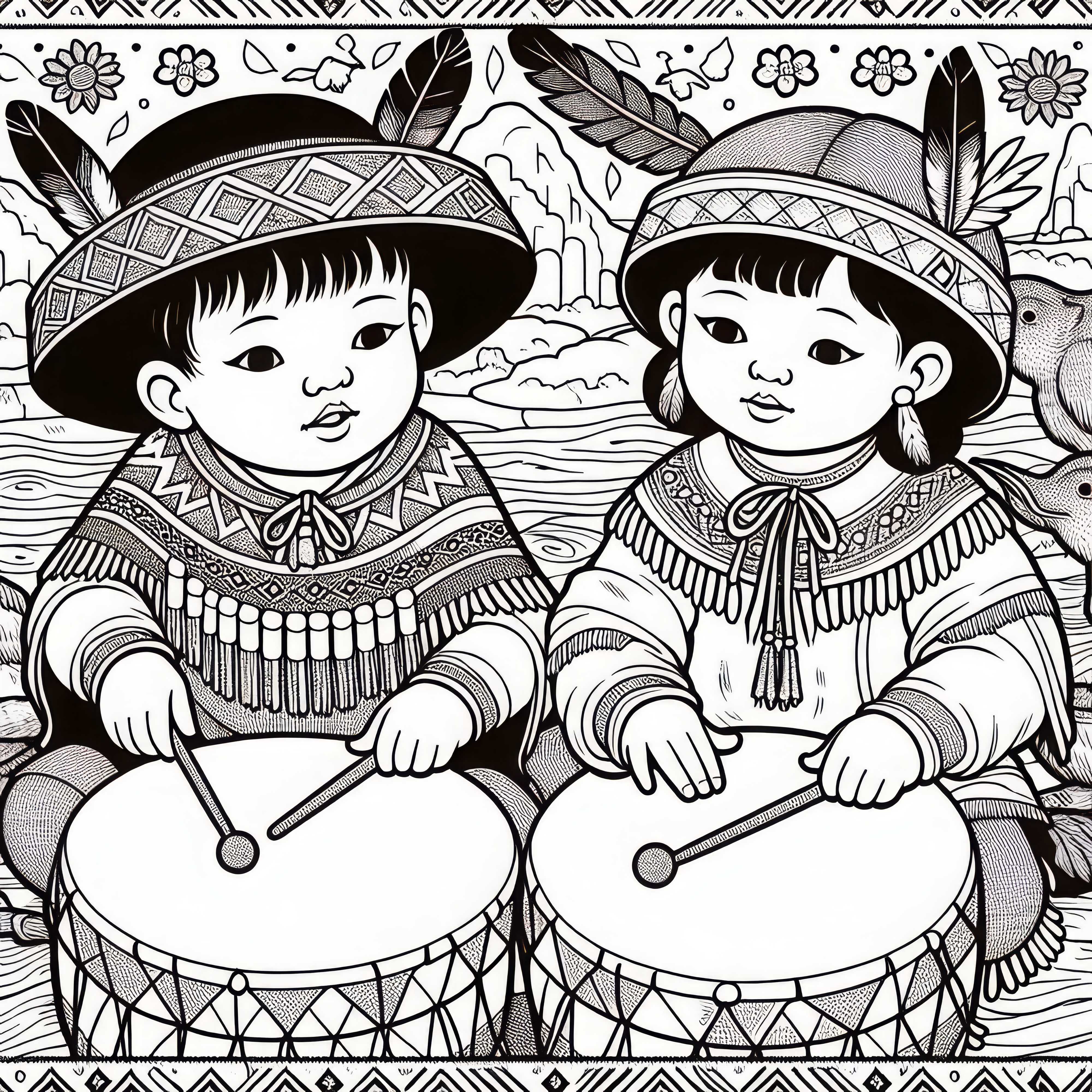 Due bambini suonano su piccoli tamburi di pelle animale - Disegno da colorare indiani gratuito Due bambini suonano su piccole tamburi a mano fatti di pelle animale - Disegno da colorare indiano gratuito