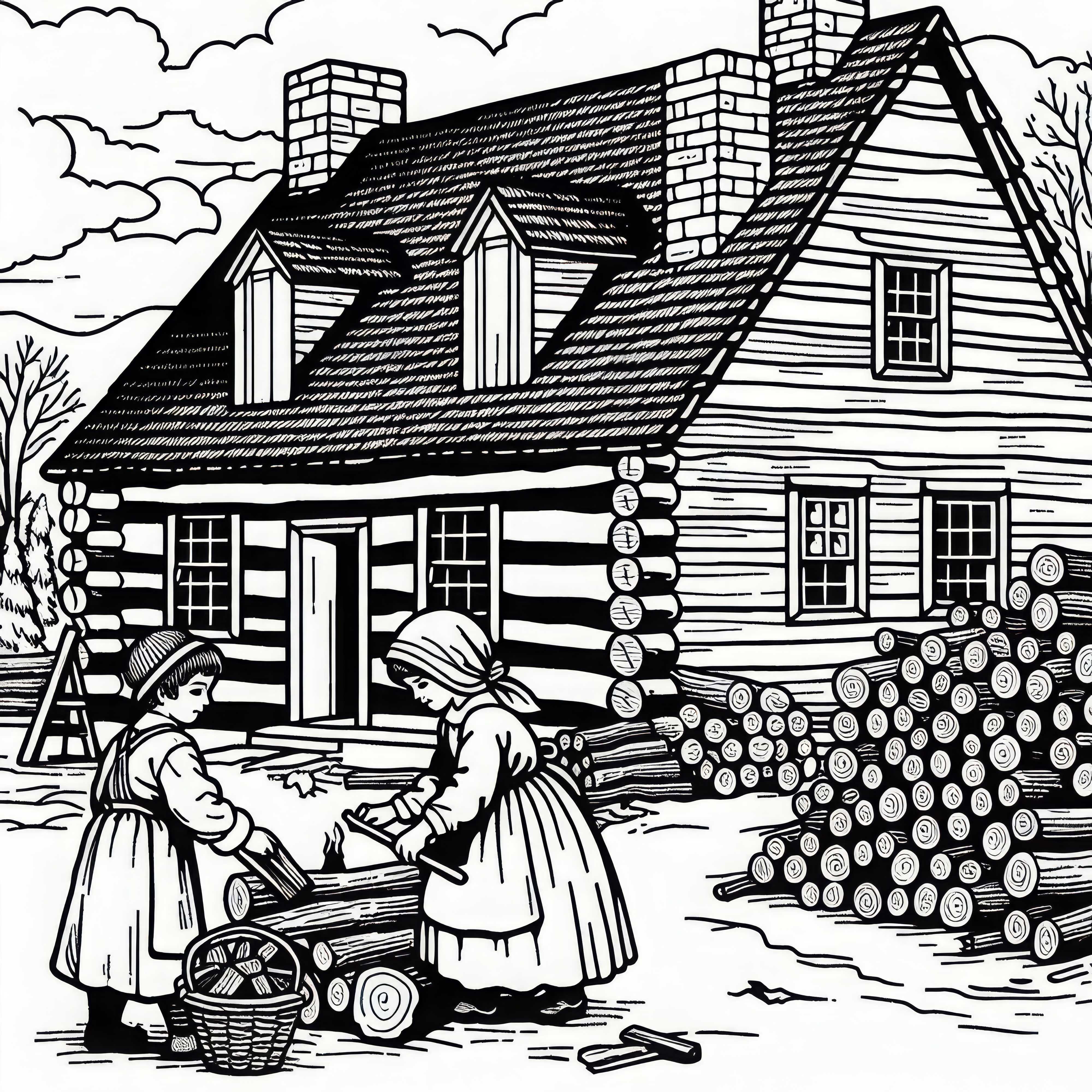 Crianças coletando lenha perto de uma cabana simples – Modelo de coloração da época colonial gratuito Crianças recolhem lenha perto de uma simples cabana de madeira – desenho para colorir da época colonial grátis