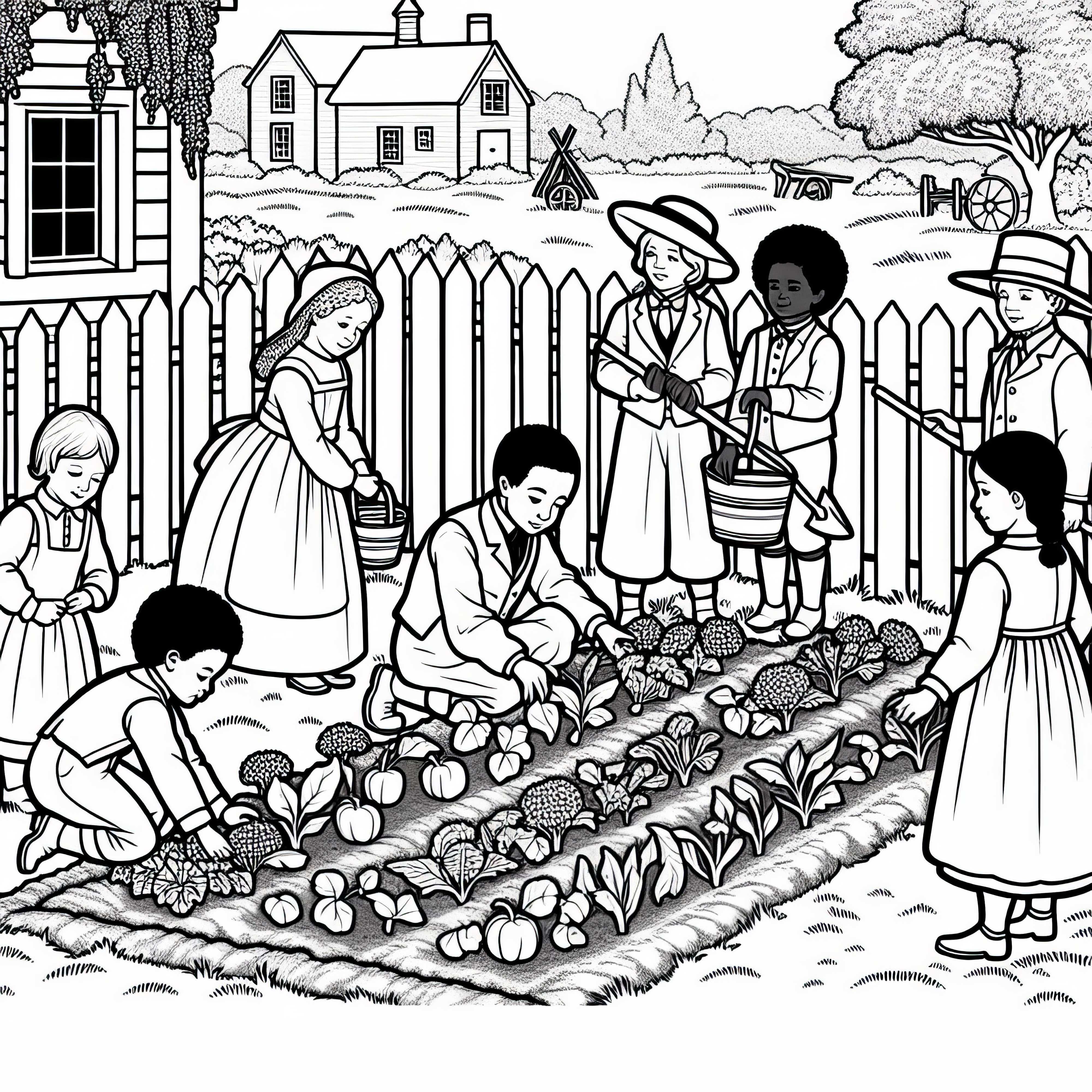 Crianças ajudam a plantar mudas de hortaliças no jardim do colonizador - Desenho para colorir da época colonial grátis Crianças ajudam a plantar vegetais no jardim dos colonos - Desenho para colorir do período colonial grátis