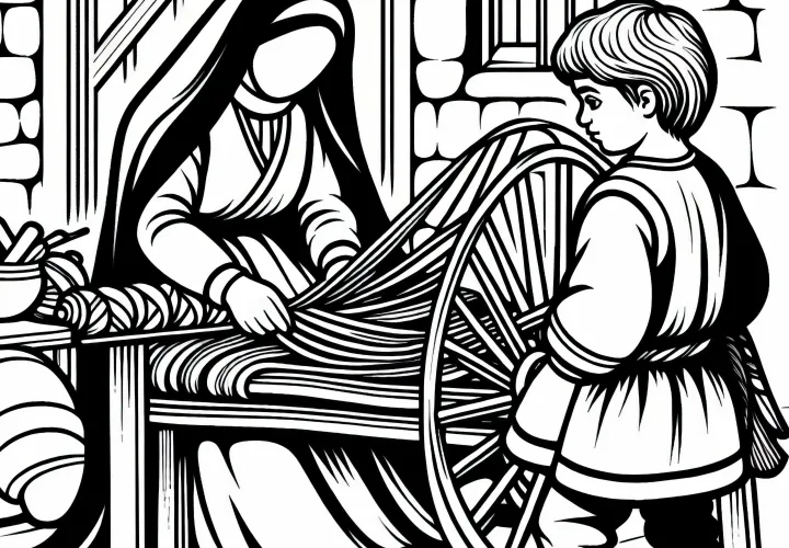 Ребёнок смотрит на ткачиху, когда она прядёт шерсть – картинка для раскрашивания эпохи колоний бесплатно