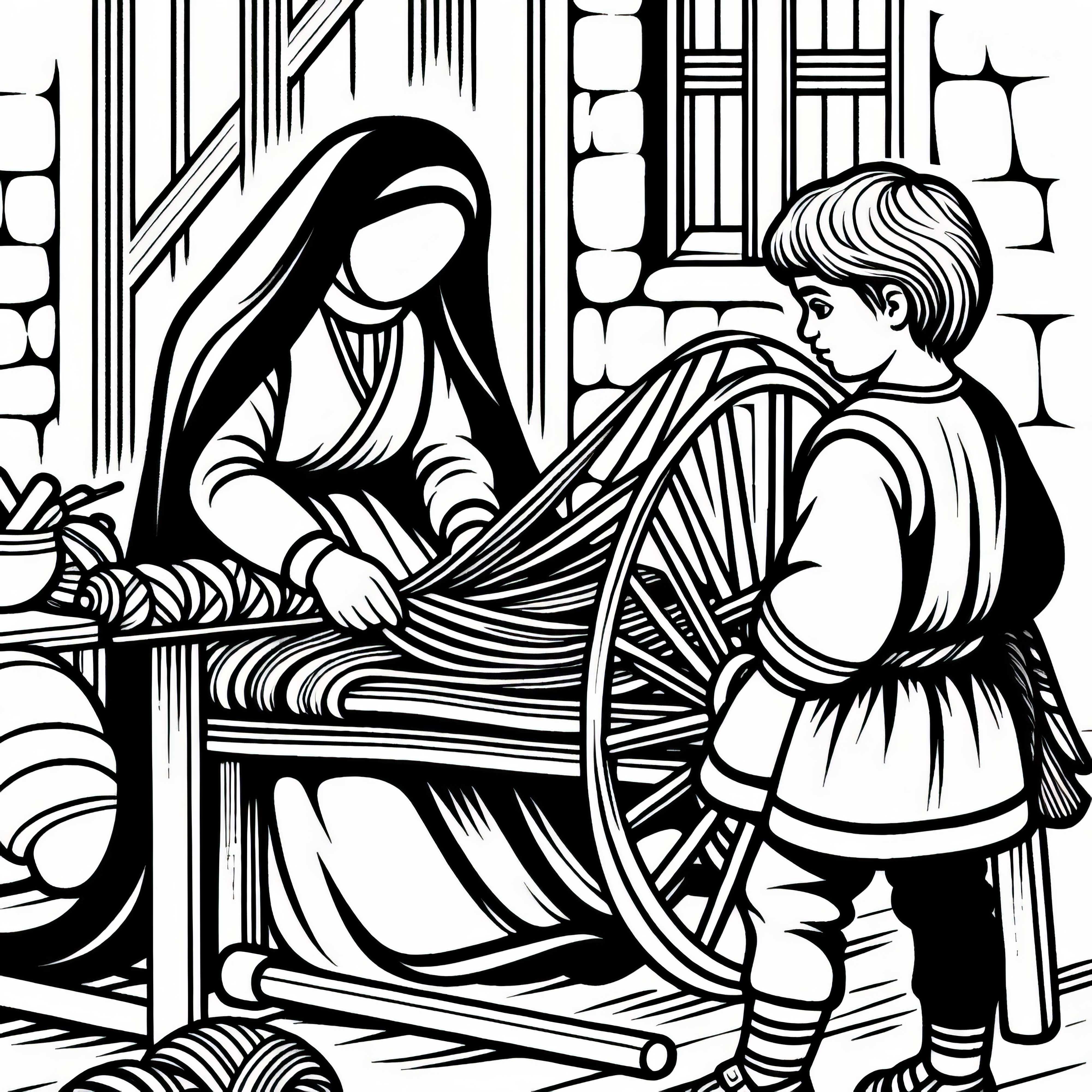 Barn ser p&aring; veveren spinne ull &ndash; Malebilde fra kolonitiden gratis