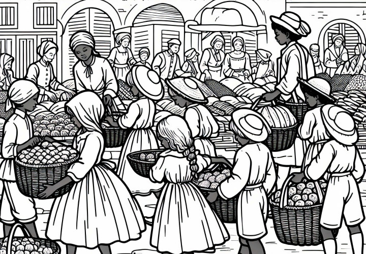 День рынка: Дети помогают нести корзины – Раскраска эпохи колониализма бесплатно