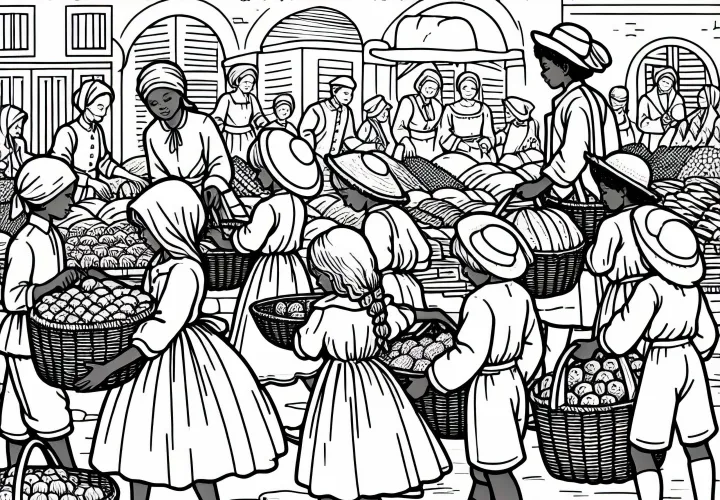 День рынка: Дети помогают нести корзины – Раскраска эпохи колониализма бесплатно