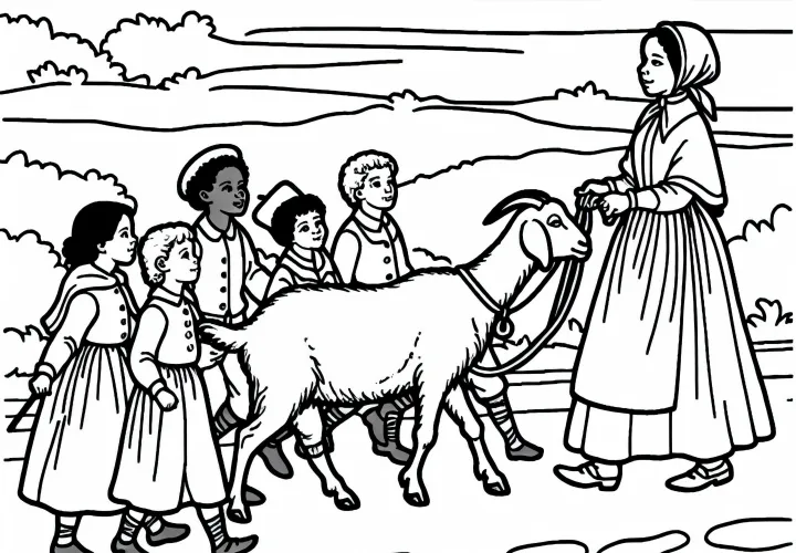 Дети ведут козу – Раскраска времен колонизации бесплатно