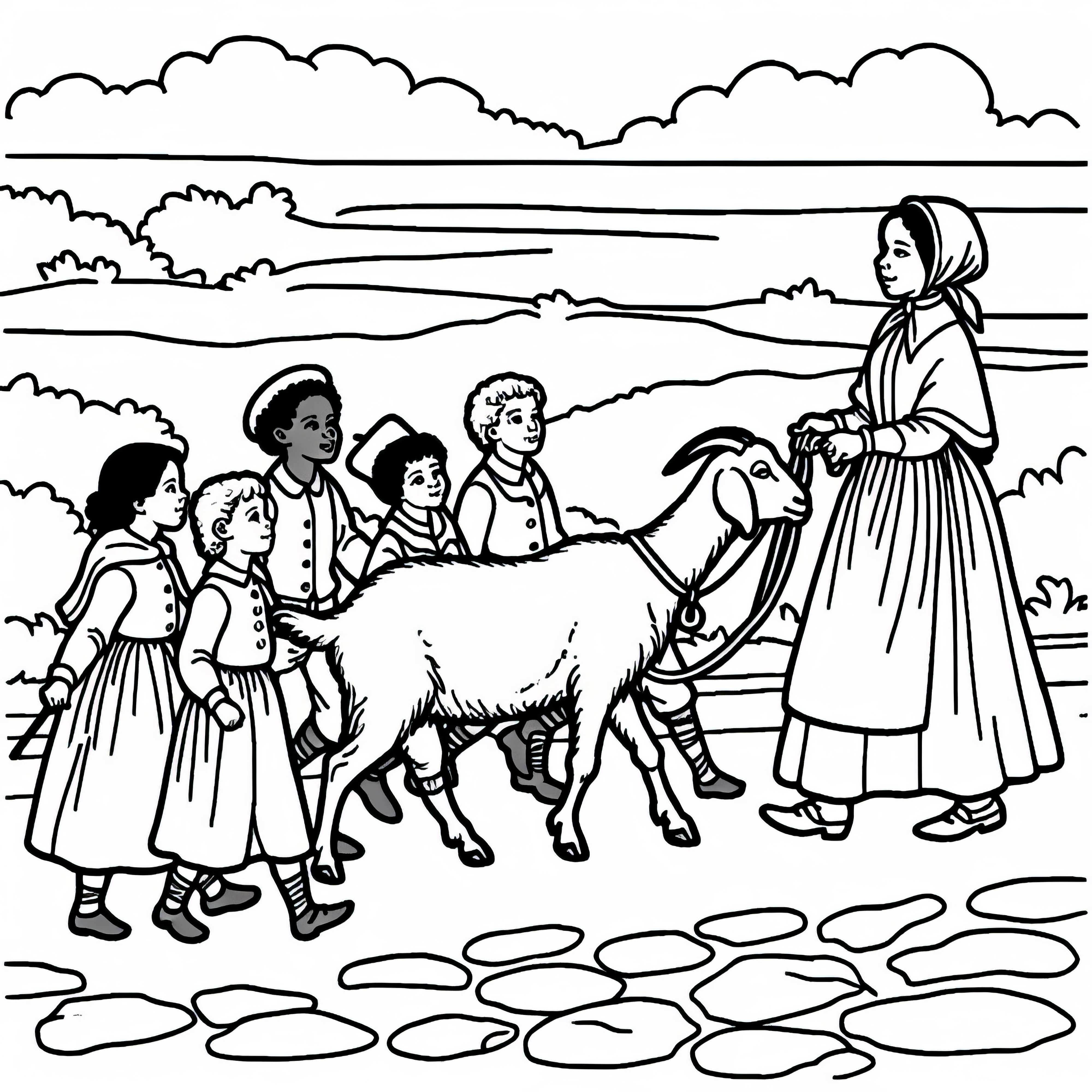 Дети ведут козу &ndash; раскраска колониальной эпохи бесплатно