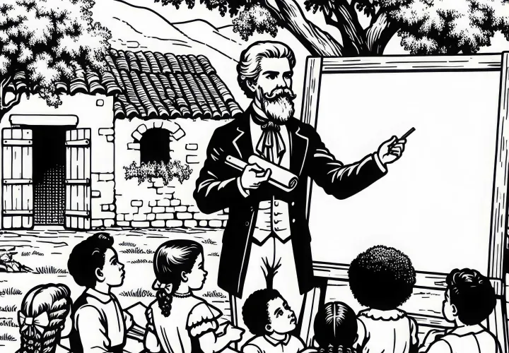 Учитель обучает детей на улице с помощью школьной доски - раскраска эпохи колониализма бесплатно