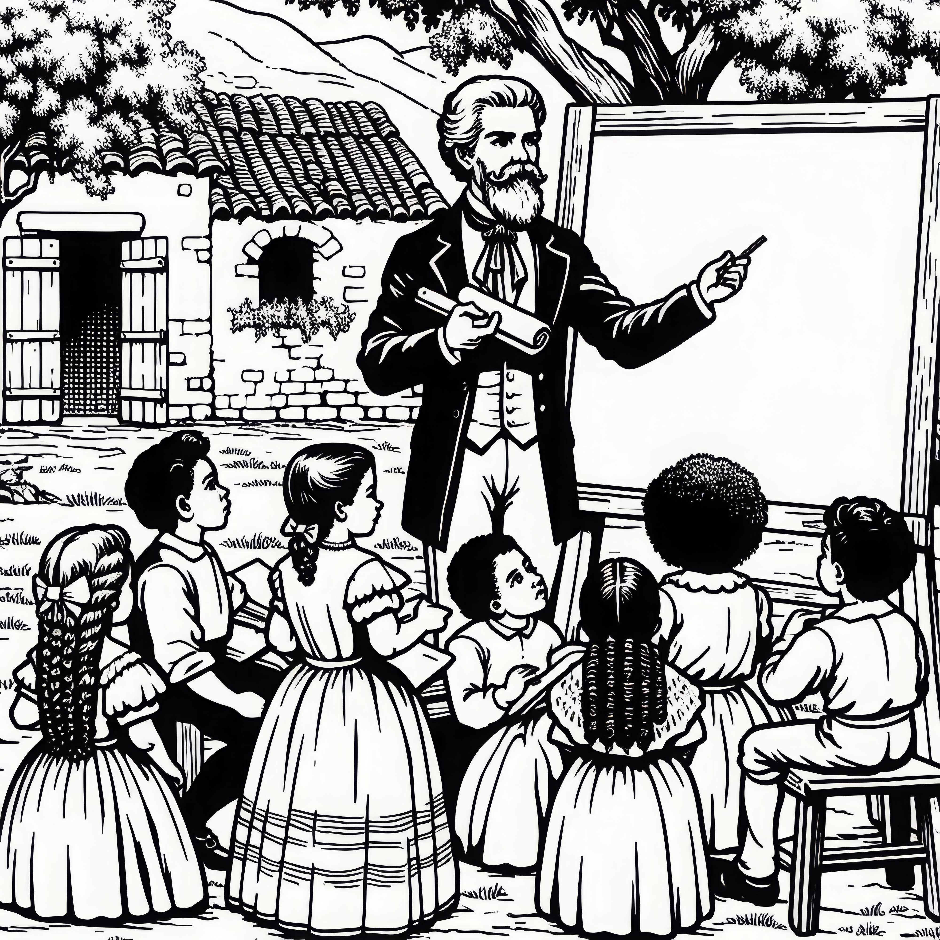 L&aelig;rer underviser barn utend&oslash;rs med tavle - Malebilde fra kolonitiden gratis