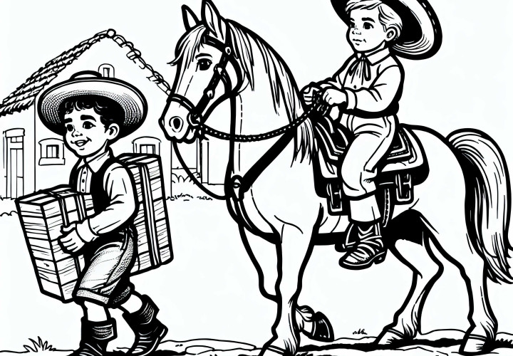 Мальчик передает сообщение на верховом коне на соседнюю ферму – раскраска Колониального периода бесплатно