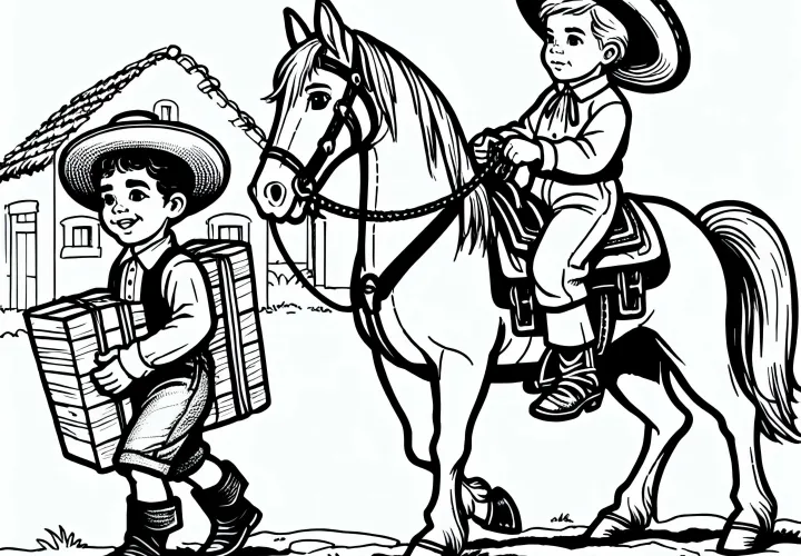 Мальчик передает сообщение на верховом коне на соседнюю ферму – раскраска Колониального периода бесплатно