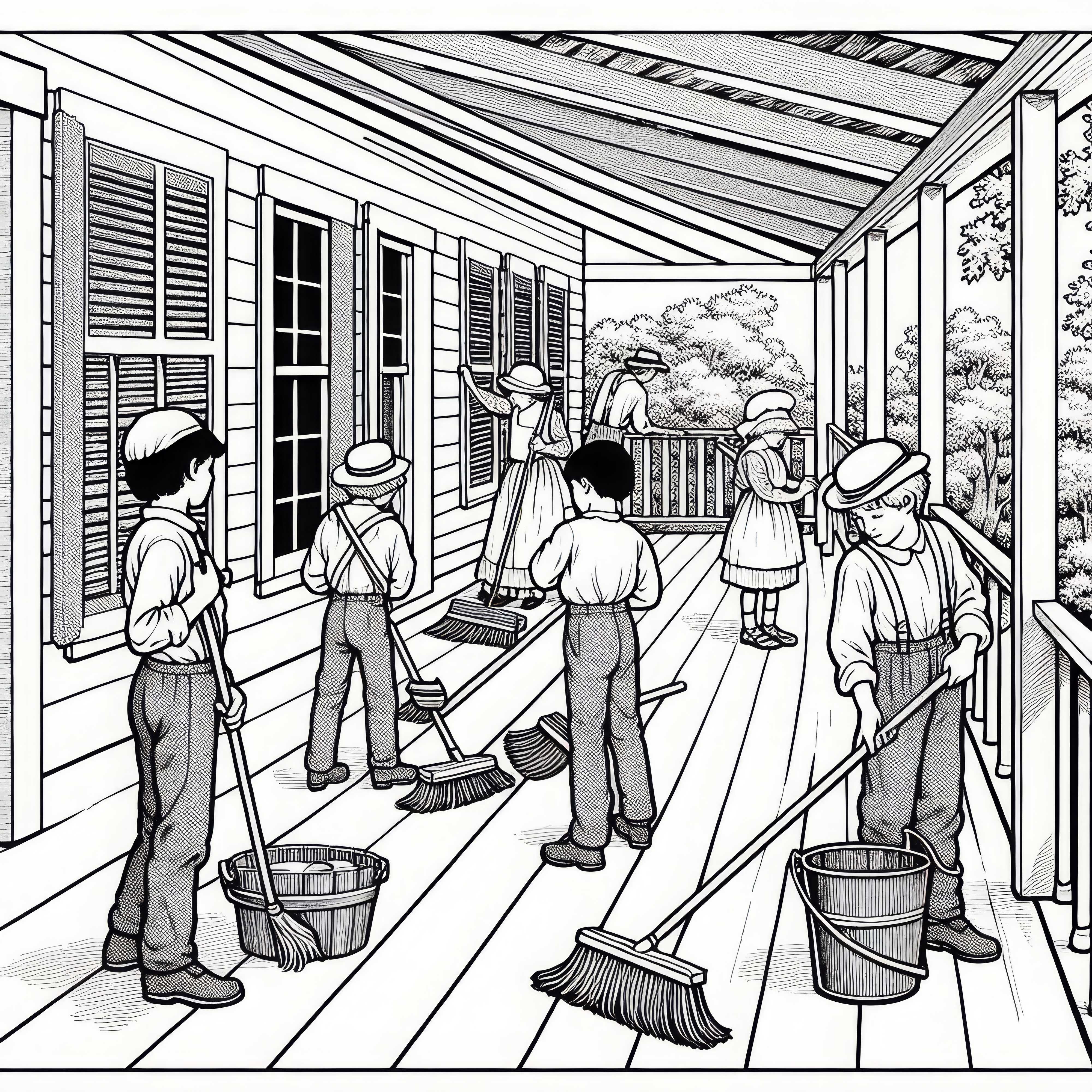 Crian&ccedil;as ajudam a limpar a varanda de madeira com vassouras e baldes - Modelo para colorir da &eacute;poca colonial gratuito