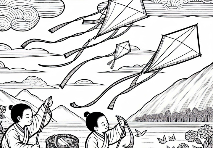 Barn flyger drakar av papper – Målarbild Gamla Kina gratis