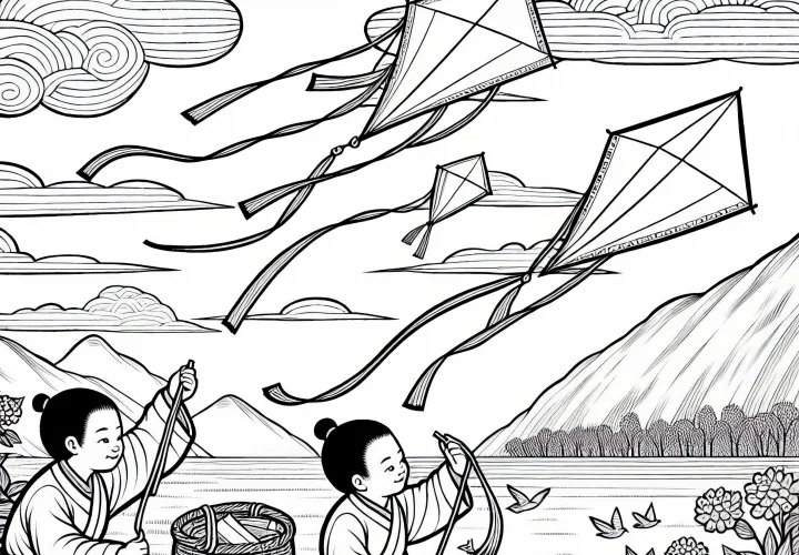Дети запускают бумажных драконов - бесплатная раскраска Древний Китай