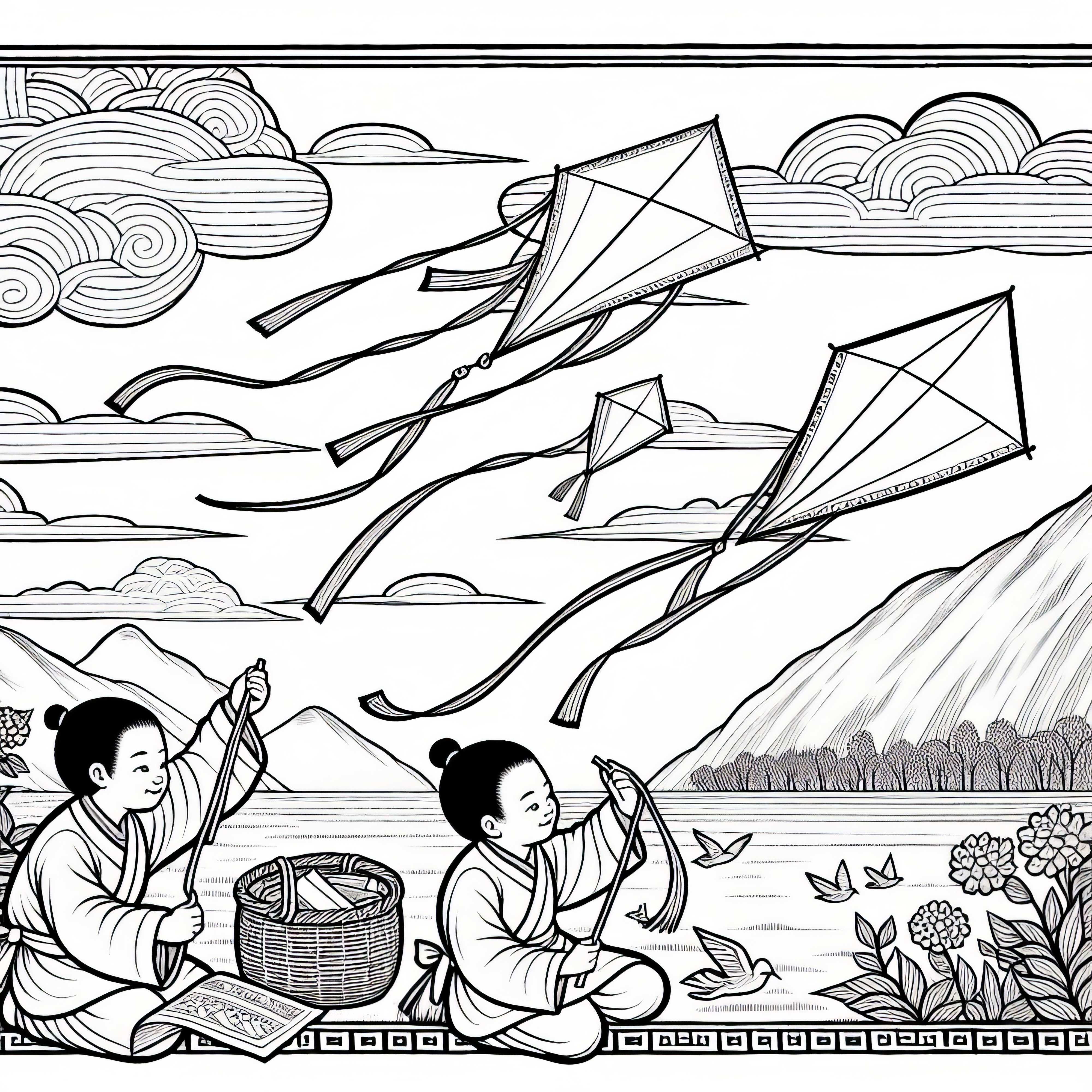 Barn l&aring;ter pappersdrakar flyga &ndash; M&aring;larbild Gamla Kina gratis