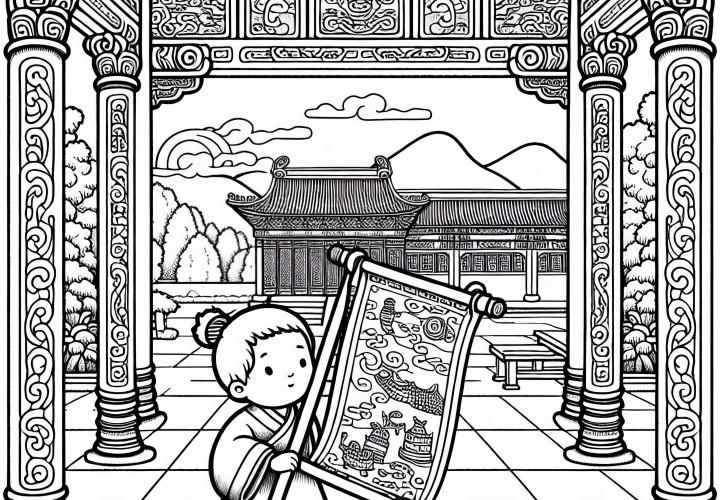 Barn bär en skrivelse genom gården med pelare – Målarbild Gamla Kina gratis