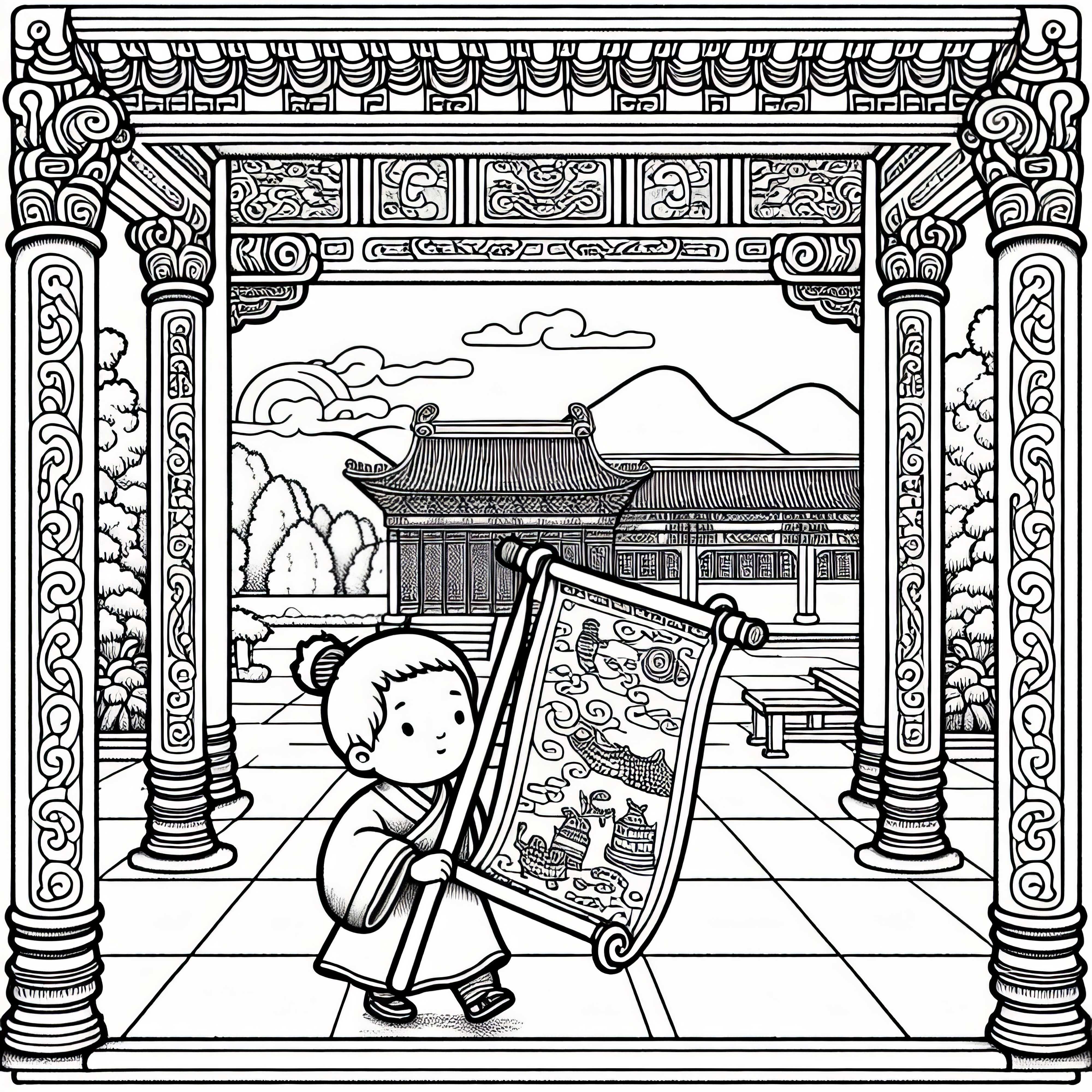 Barn b&auml;r en skrivelse genom g&aring;rden med pelare &ndash; M&aring;larbild gammalt Kina gratis