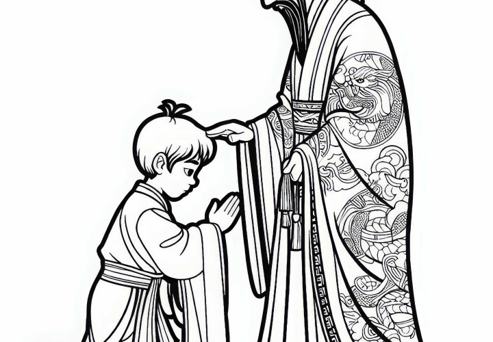 Pojke bugar sig för läraren i lång klädnad – Målarbild gammalt Kina gratis