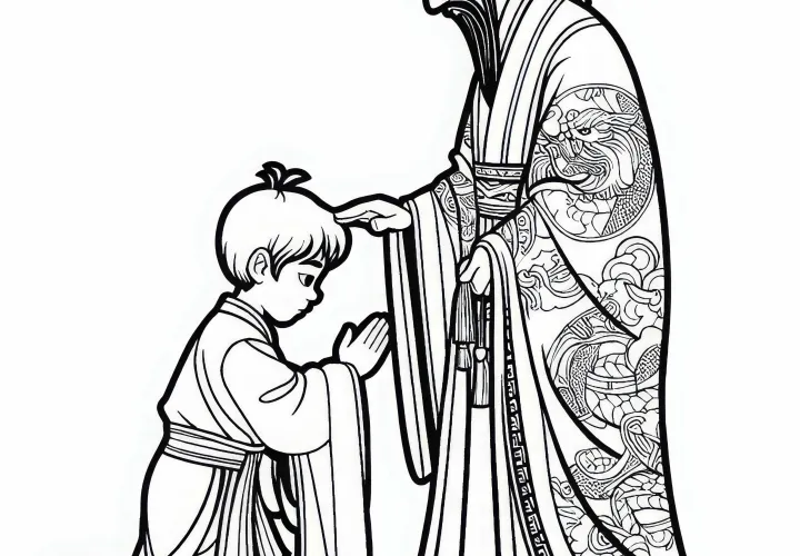 Мальчик кланяется учителю в длинной одежде – раскраска Древний Китай бесплатно