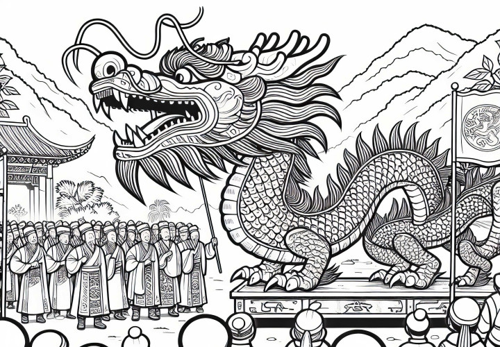 Barn observerar drakfigur under festtåg – Målarbild Gamla Kina gratis