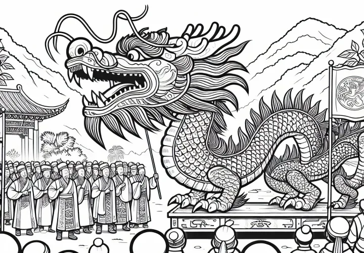 Дети наблюдают за фигурой дракона во время праздничного шествия – раскраска Древнего Китая бесплатно