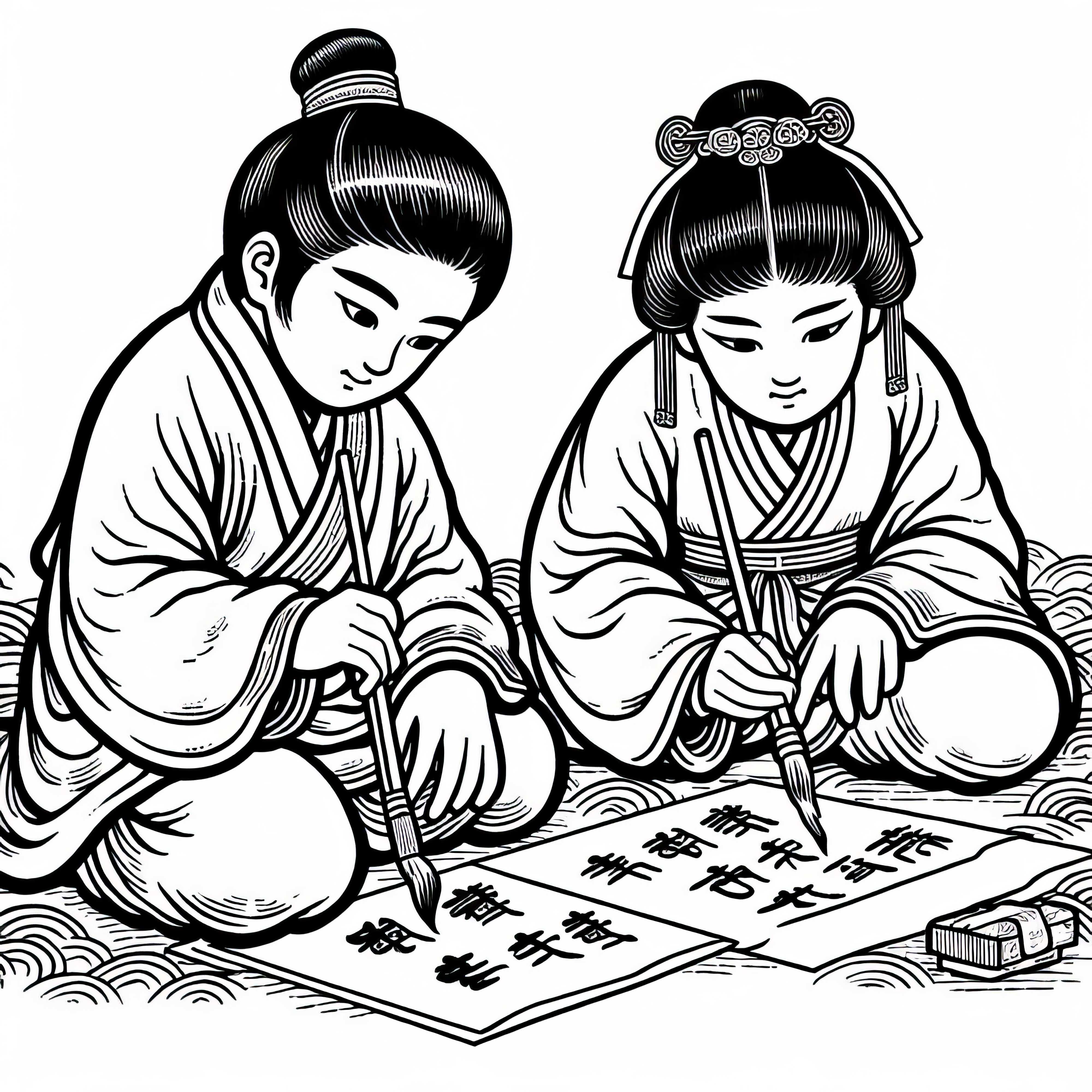 Barn skriver tecken med pensel p&aring; rispapper &ndash; M&aring;larbild Gamla Kina gratis