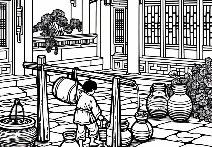 Barn bär vattenkrukor till brunnen på gården - Målarmall Gamla Kina gratis