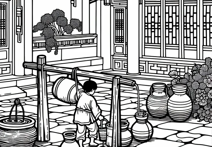 Ребенок несет кувшины с водой к колодцу на дворе - раскраска Старый Китай бесплатно