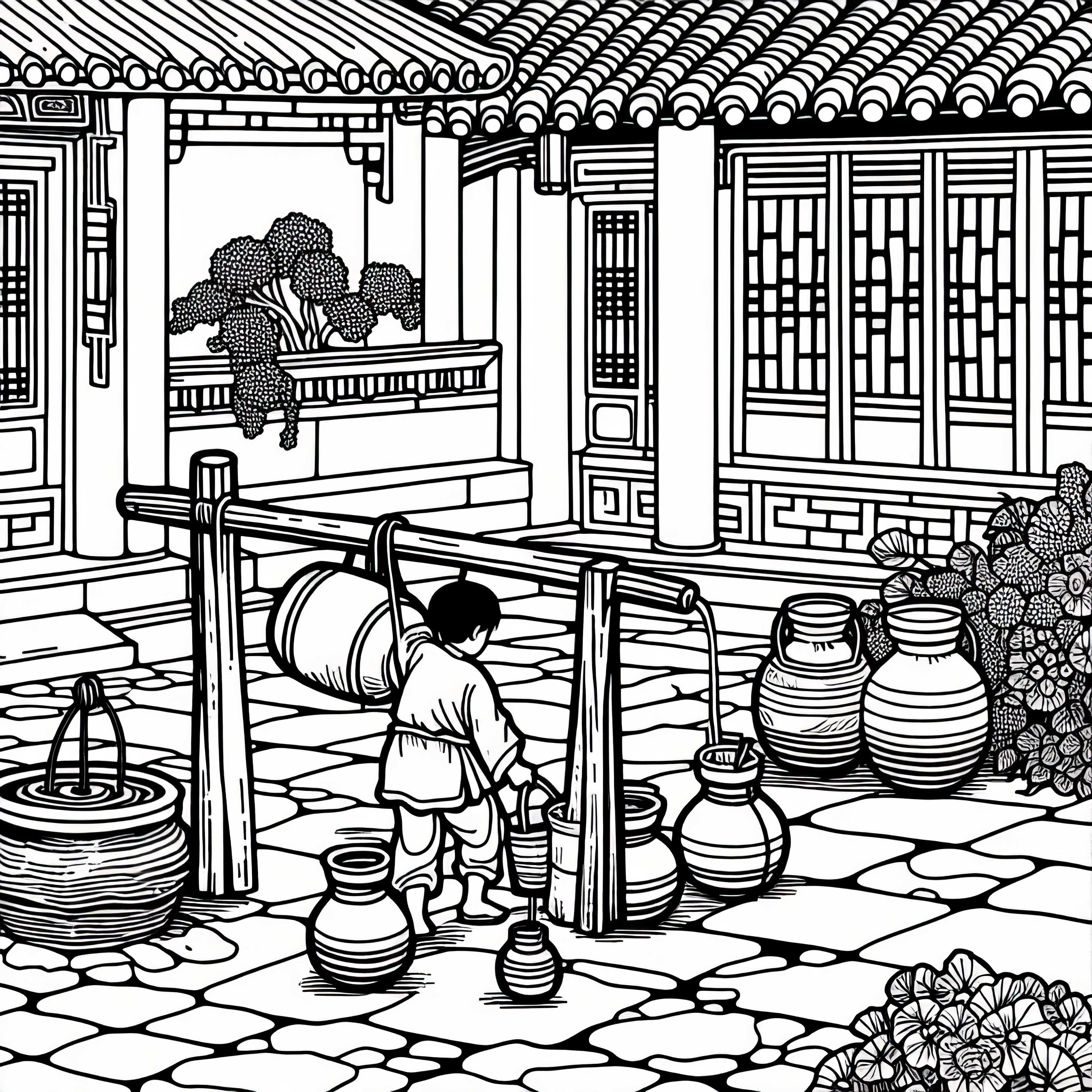 Barn b&auml;r vattenkrus till brunnen p&aring; g&aring;rden &ndash; M&aring;larbild Gamla Kina gratis