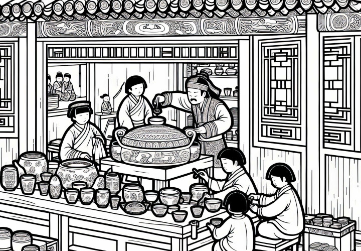 Hantverksstånd: Barn som målar tekoppar – Målarblad Gamla Kina gratis