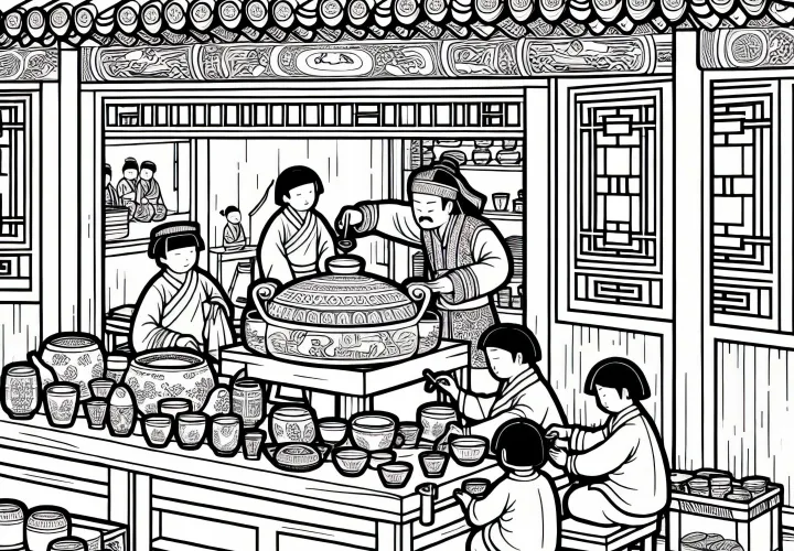 Ремесленный стенд: Дети раскрашивают чайные чашки – Раскраска Древний Китай бесплатно