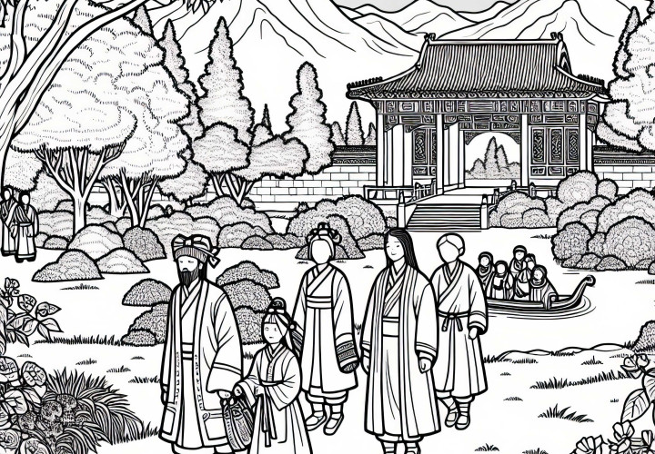 Lugn trädgård med människor som promenerar – Målarbok Gamla Kina Gratis