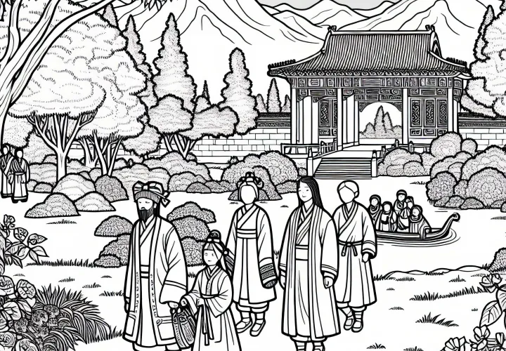 Тихий сад с людьми, гуляющими – Раскраска Старый Китай Бесплатно